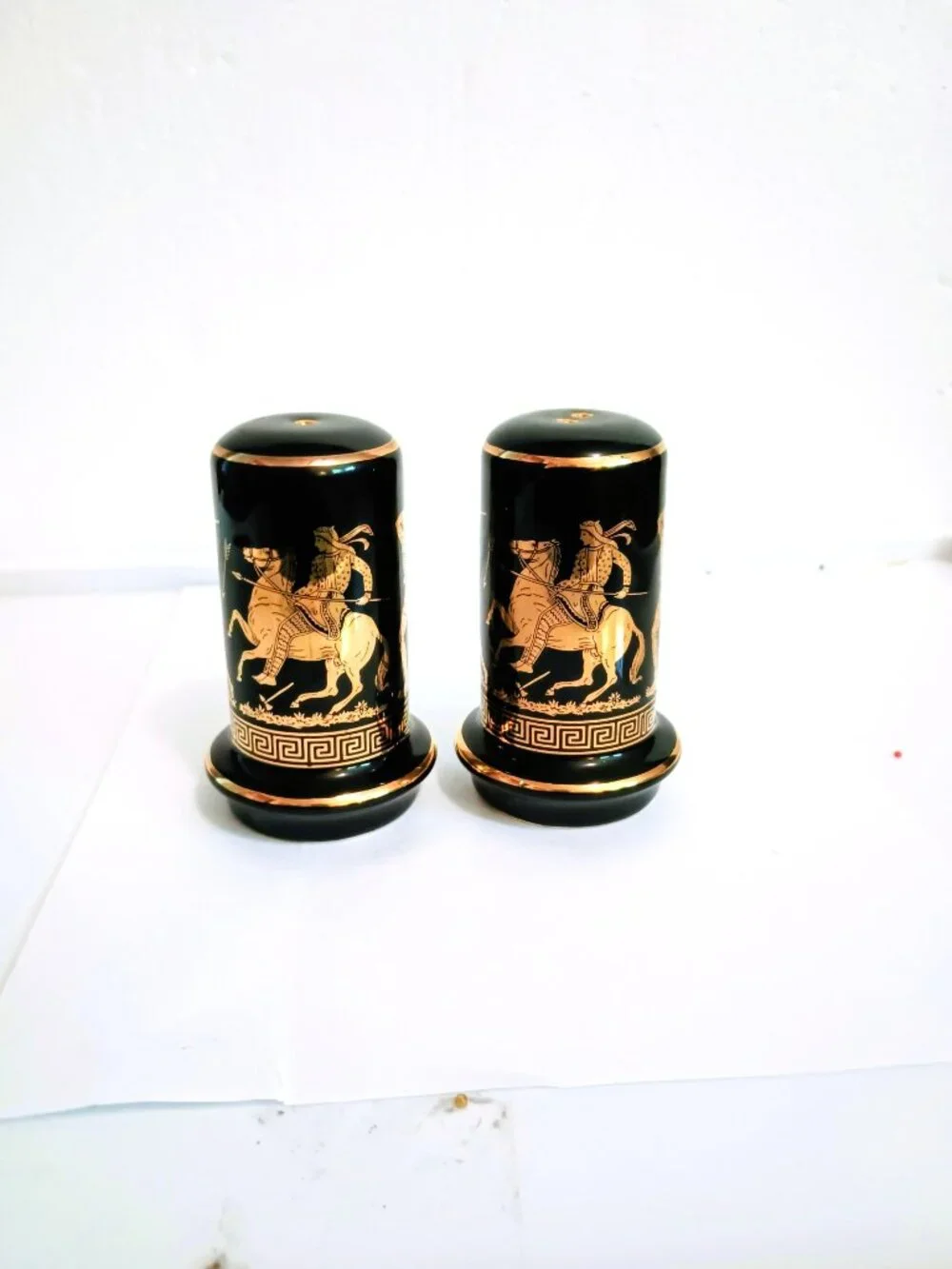 Greek Key Salt & Pepper Shakers Vintage Black with 24K Gold Trim